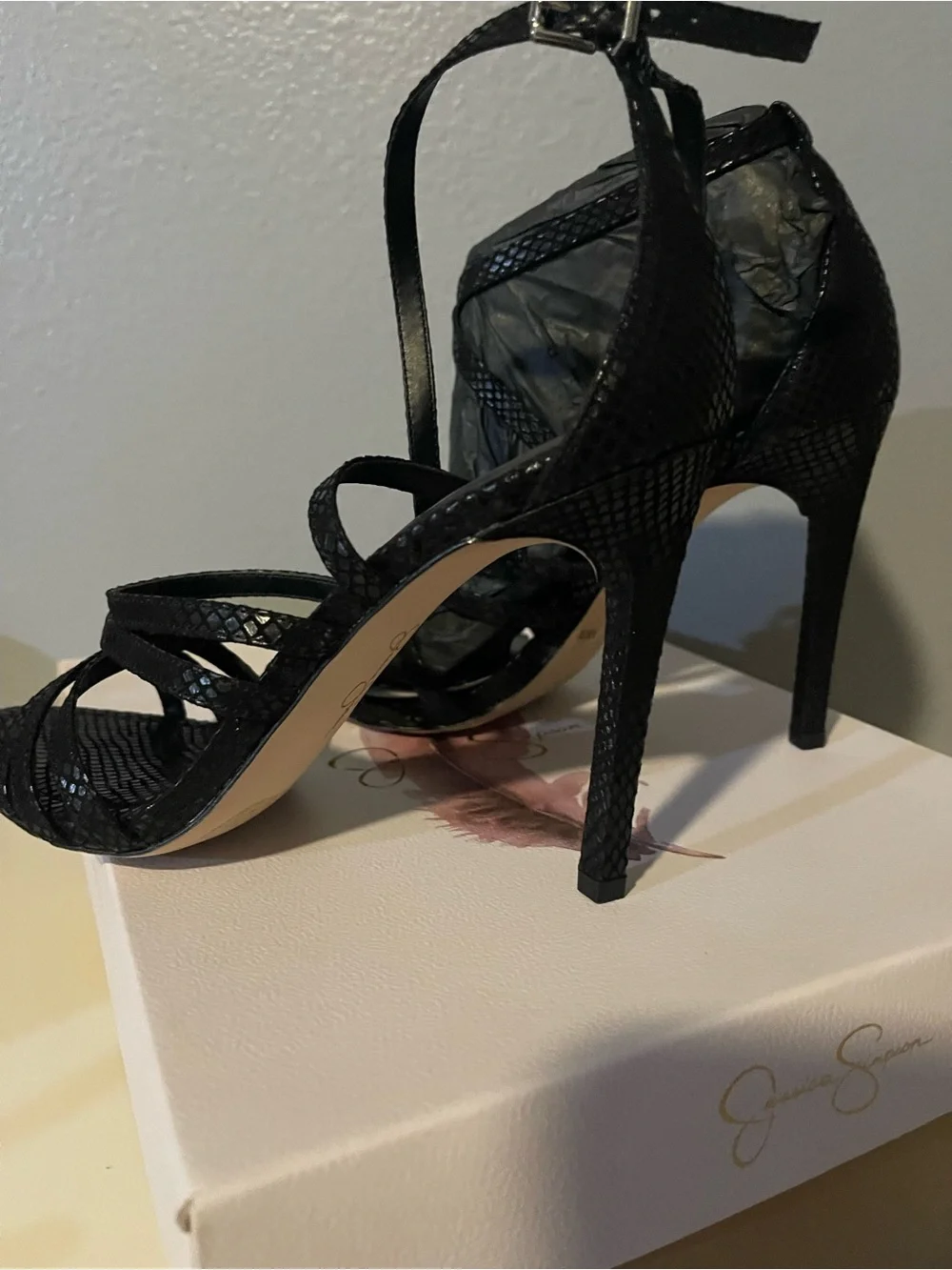 Jessica Simpson Black Strappy Snake-Texture High Heel Sandals